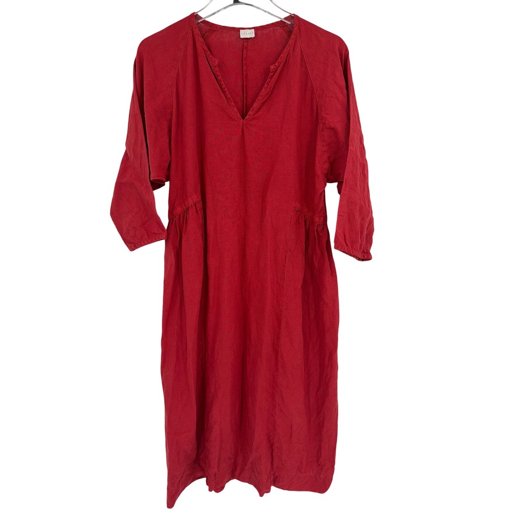 Poetry Red 100% Linen V-Neck Midi Dress 3/4 Sleeve Size US 4 UK 8 - Picture 2 of 6